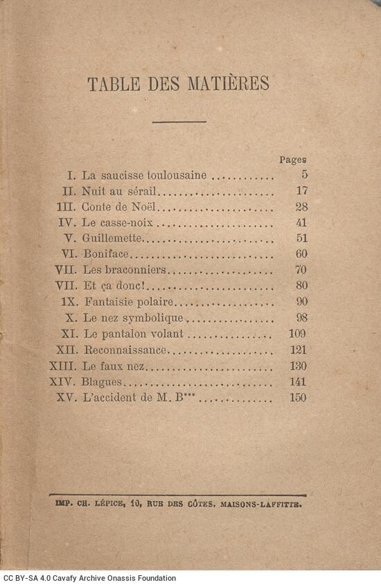 14 x 9.5 cm; 2 s.p. + 158 p. + 6 s.p., price of the book “25 centimes/30 centimes” on the front cover. L. 1 titles of the